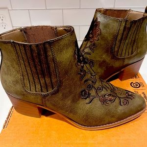 Olive Green Embroidered Bootie